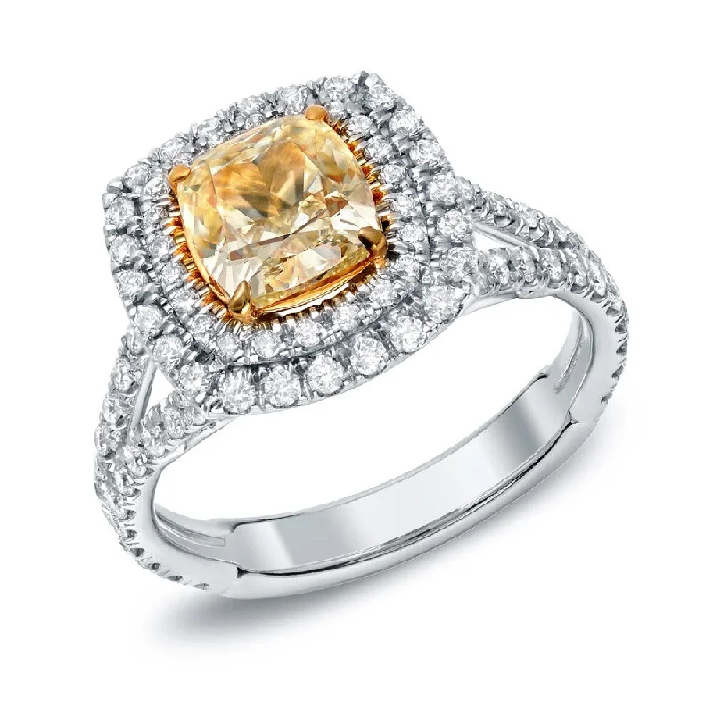 Ladies square halo engagement rings-Auriya 2 1/2ct TDW Cushion-Cut Fancy Yellow Diamond Halo Engagement Ring 18K Gold Certified