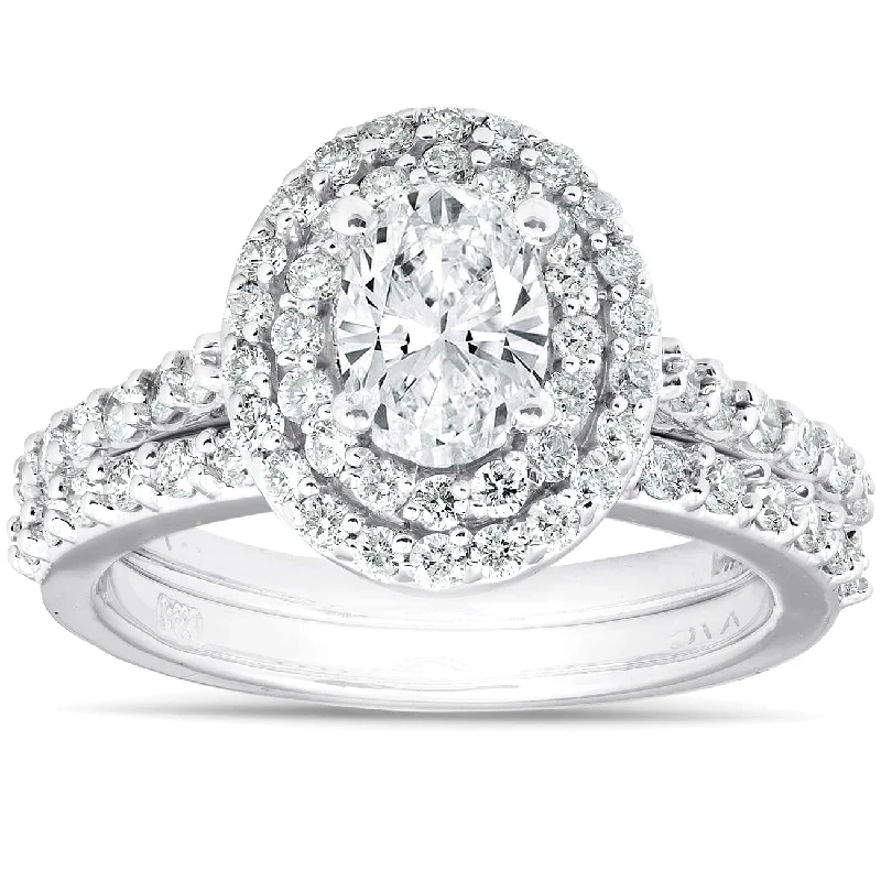 Ladies vintage engagement rings-2Ct Oval Diamond Double Halo Engagement Wedding Ring Set 14k White Gold