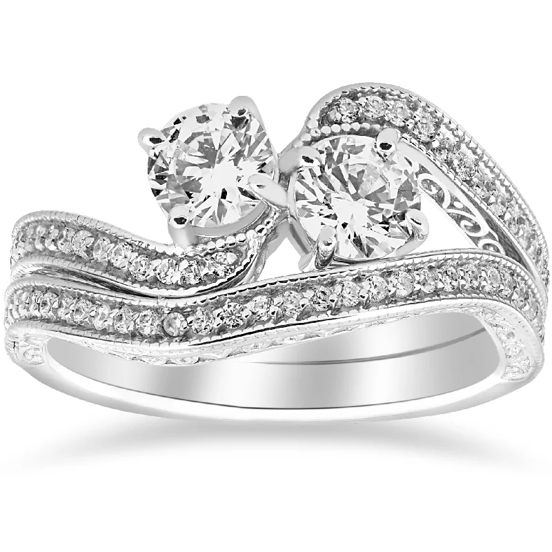 Ladies 3-stone engagement rings-1 1/2ct Two Stone Forever Us Vintage Diamond Engagement Wedding Ring Set 14k Whi