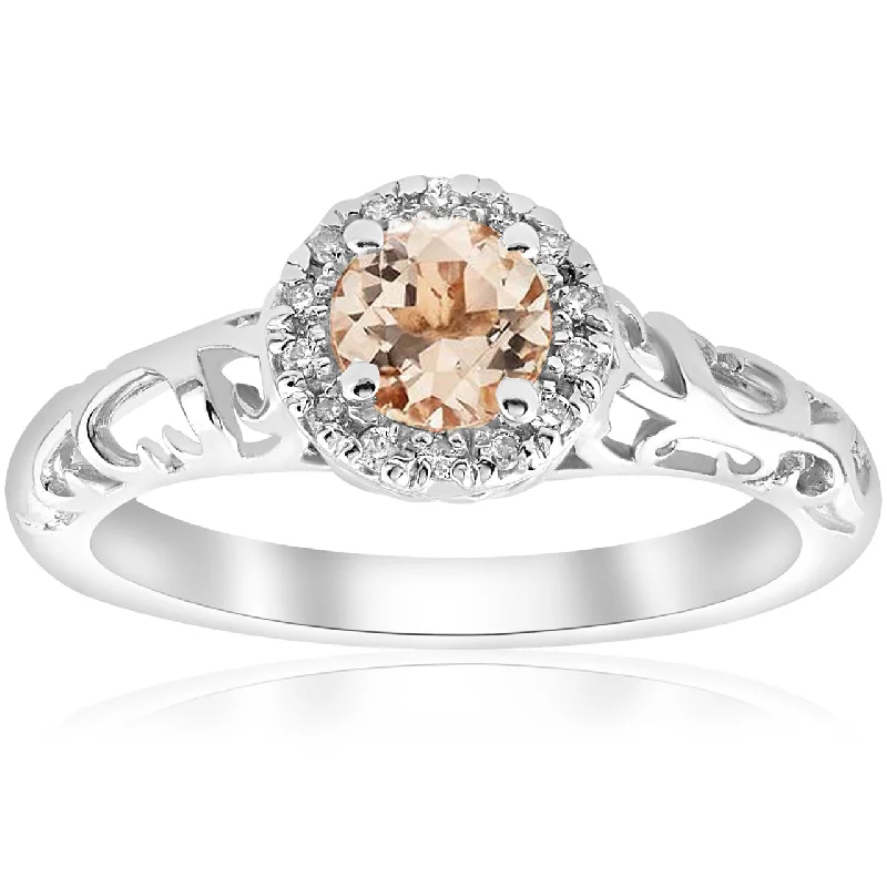 Ladies engagement rings with diamond bands-5/8cttw Morganite & Diamond Vintage Halo Engagement Ring 14k White Gold