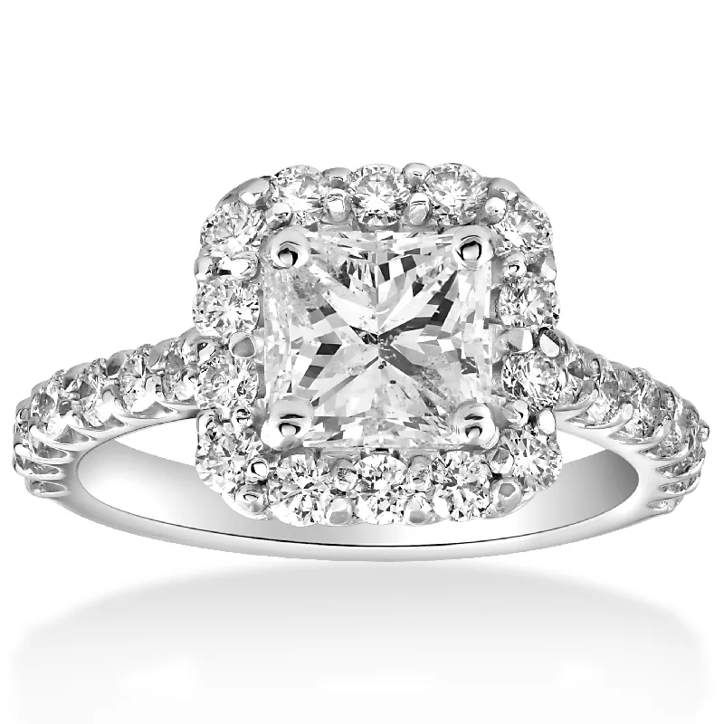 Ladies engagement rings for petite fingers-2 cttw Halo Princess Square Cut Diamond Engagement Ring 14k White Gold