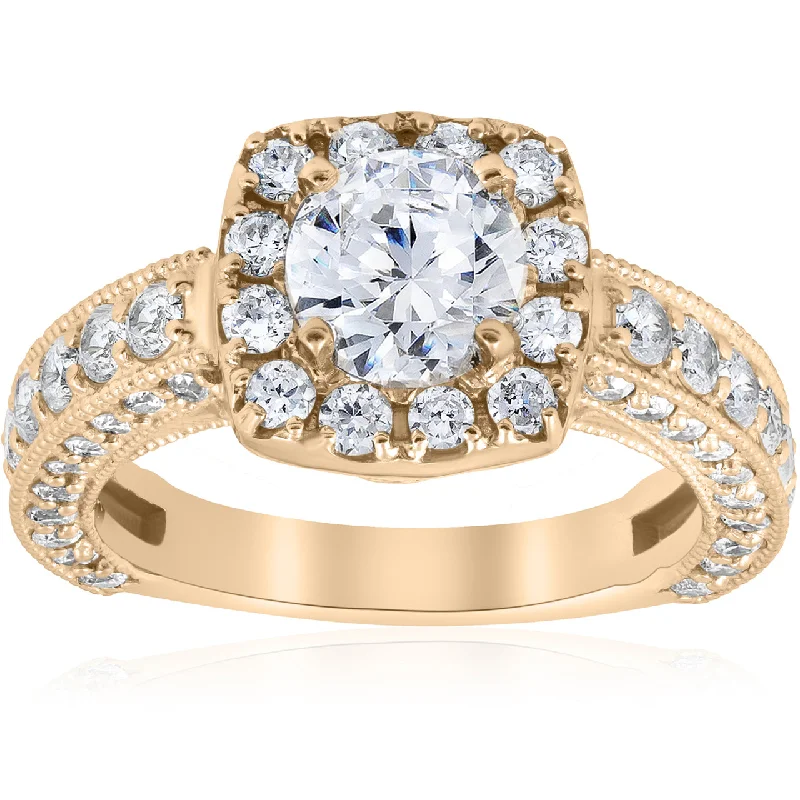 Ladies engagement rings with side stones-2 1/2ct Round Cut Diamond Engagement Ring Cushion Halo 14k Yellow Gold