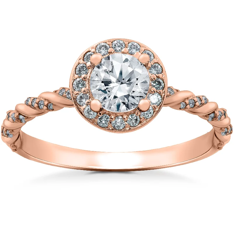 Ladies round brilliant cut engagement rings-1 ct Lab Grown Diamond McKenna Halo Engagement Ring & Matching Band 14k Gold