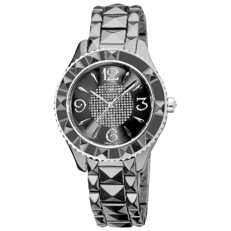 Ladies handmade bracelets-Akribos XXIV Women's Ceramic Pyramid Cut Swiss Quartz Black Bracelet Watch