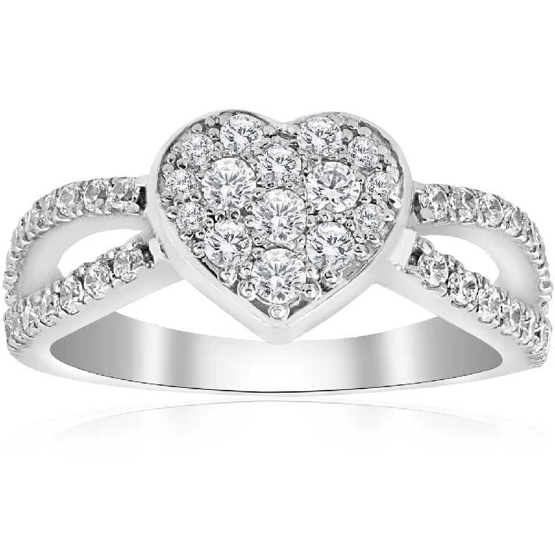 Ladies engagement rings for women-3/4 ct Heart Shape Pave Diamond Engagement Ring 10k White Gold