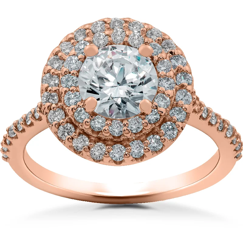 Ladies antique engagement rings-1 ct Double Halo Diamond Lab Created Engagement Ring 14k Rose Gold