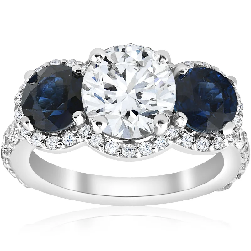 Ladies floral engagement rings with diamonds-3 1/2 ct Sapphire & Diamond Halo 3-Stone Engagement Ring 14k White Gold