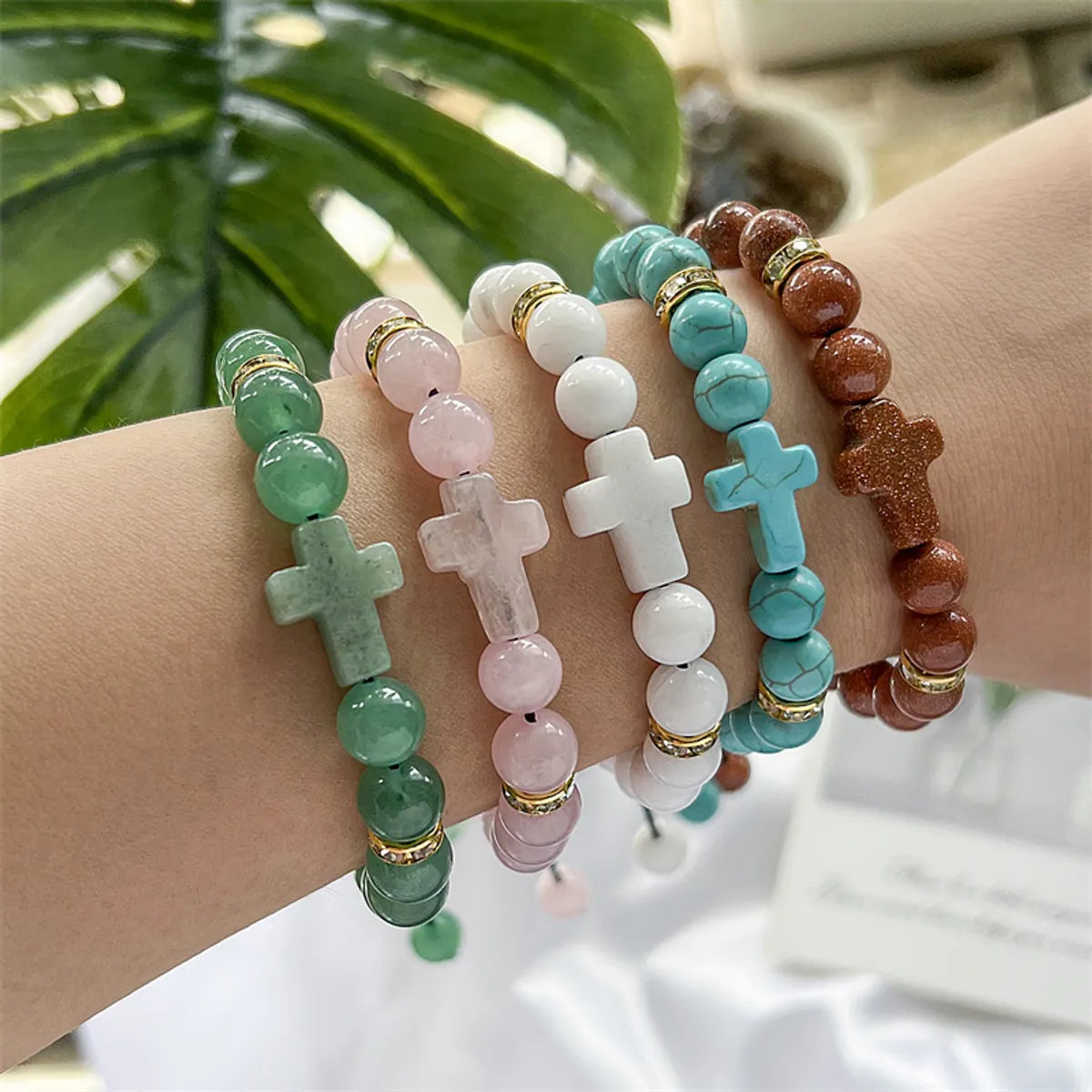 Ladies personalized bracelets-Ethnic Style Cross Natural Stone Beaded Bracelets