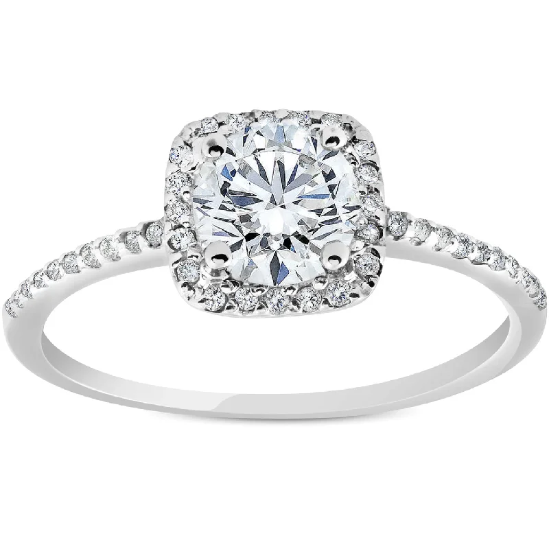 Ladies solitaire engagement rings-G/SI .85 CT Cushion Halo Diamond Engagement Ring 14k White Gold Enhanced