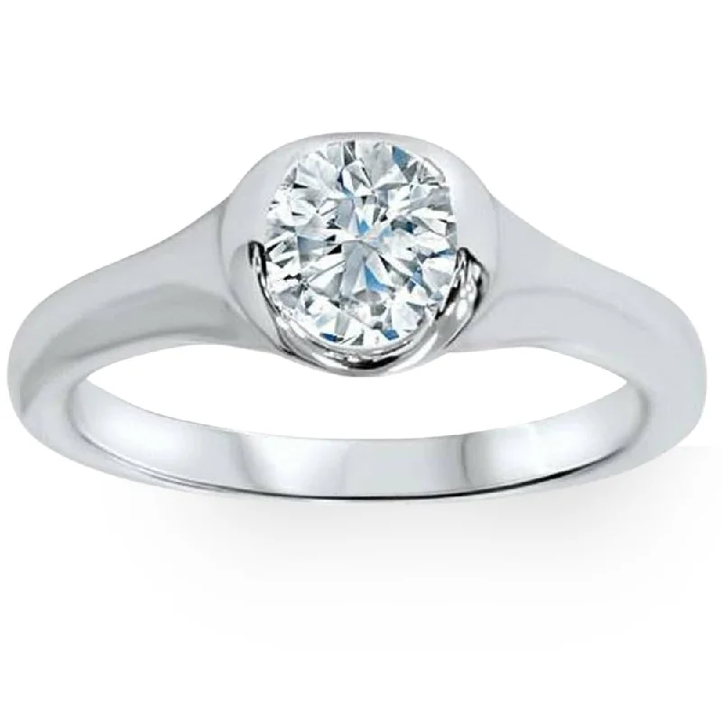 Ladies vintage-style engagement rings-3/4ct Bezel Solitaire Lab Created Diamond Engagement Ring 14K White Gold