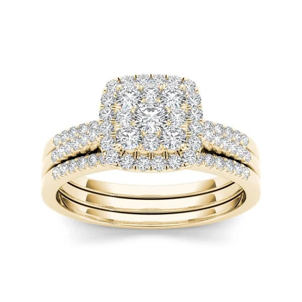 Ladies personalized engagement rings-De Couer IGI Certified 10k Yellow Gold 1/2ct TDW Diamond Cluster Engagement Ring Set with Two Bands