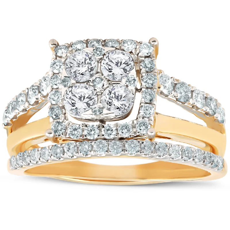 Ladies modern engagement rings-1 1/10 Ct Diamond Cushion Halo Engagement Ring Wedding Set 10k Yellow Gold