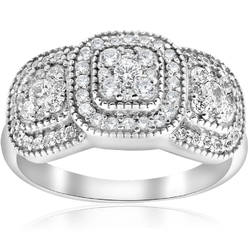 Ladies platinum diamond engagement rings-3/4ct 3-Stone Pave Cushion Halo Diamond Engagement Ring Vintage 10k White Gold