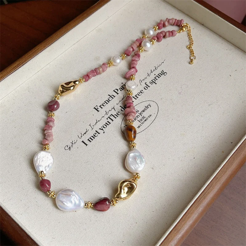 C266 Necklace-- Baroque Pearl Rose Stone