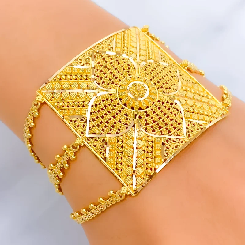 Ladies birthstone bracelets-Decadent Floral 22k Gold Statement Bracelet