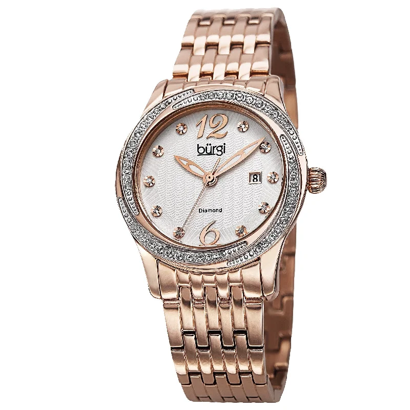 Ladies gold cuff bracelets-Burgi Women's Quartz Diamond Dial Stainless Steel Rose-Tone Bracelet Watch