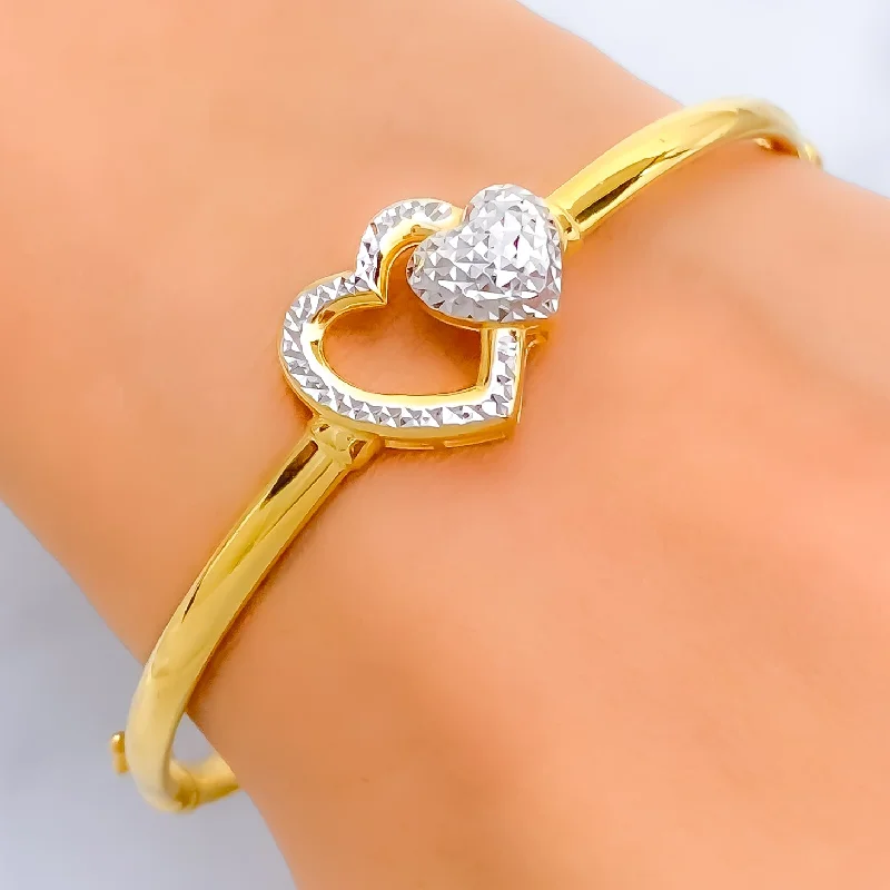 Ladies friendship bracelets-Captivating Twin Heart 22k Gold Bangle Bracelet