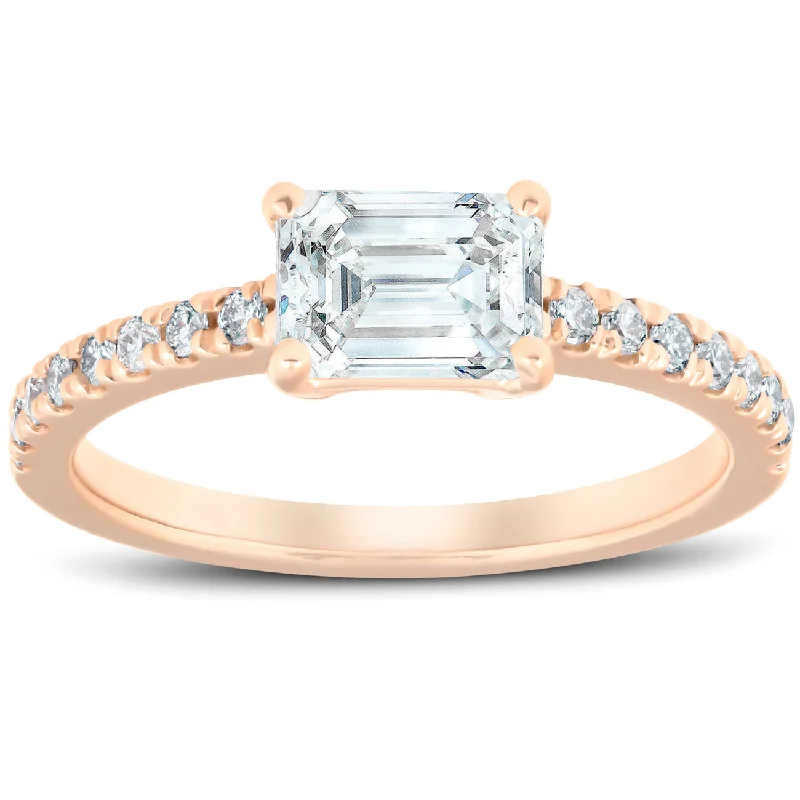 Ladies princess cut solitaire engagement rings-1 1/2Ct Sideways Emerald Cut Moissanite & Diamond Engagement Ring 14k Rose Gold