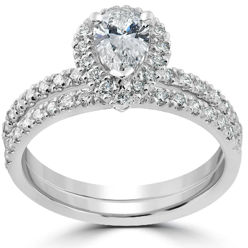 Ladies affordable platinum engagement rings-1 5/8 Ct Pear Shape Halo Diamond Engagement Wedding Ring Set 14k White Gold