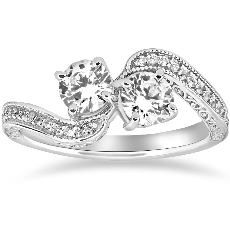 Ladies vintage-style engagement rings-1 ct Two Stone Forever Us Vintage Diamond Engagement Ring 14k White Gold