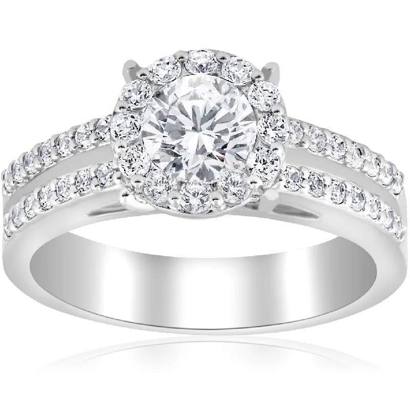 Ladies luxury engagement rings-1 1/2ct Pave Round Cut Halo Diamond Engagement Ring 14k White Gold Double Row