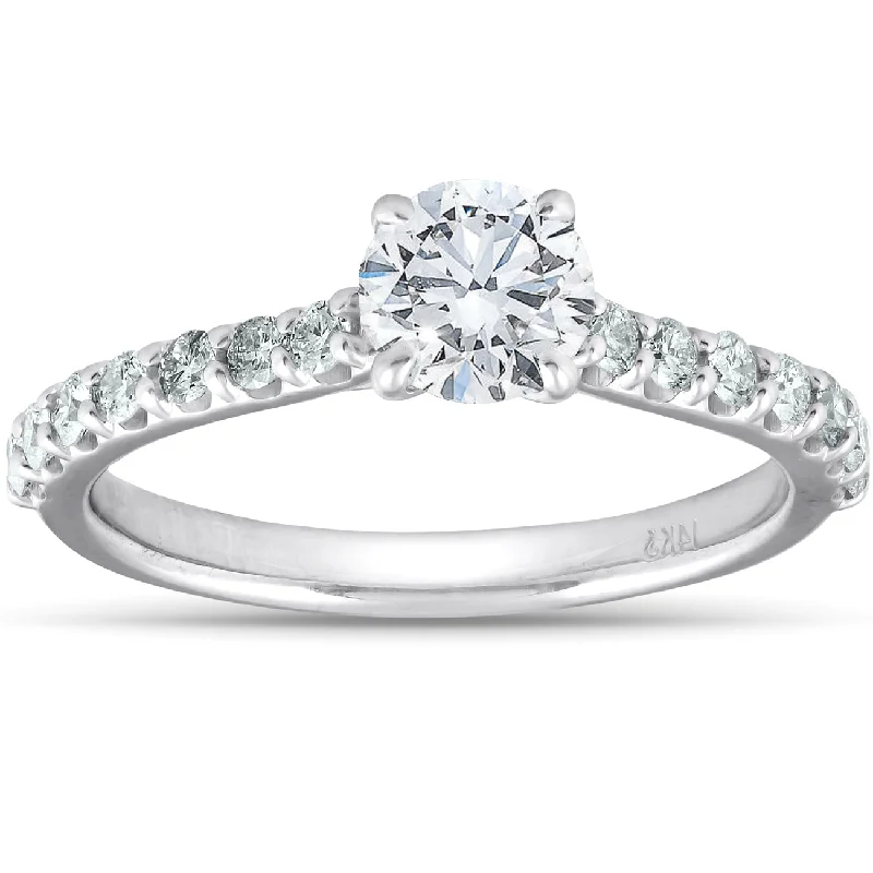 Ladies affordable diamond engagement rings-1 1/4 Ct TDW Round Real Diamond Engagement Ring With Side Stones 14k White Gold