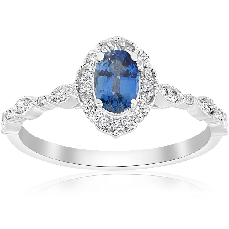 Ladies two-tone engagement rings-3/4ct Oval Blue Sapphire Diamond Halo Vintage Engagement Ring 14K White Gold