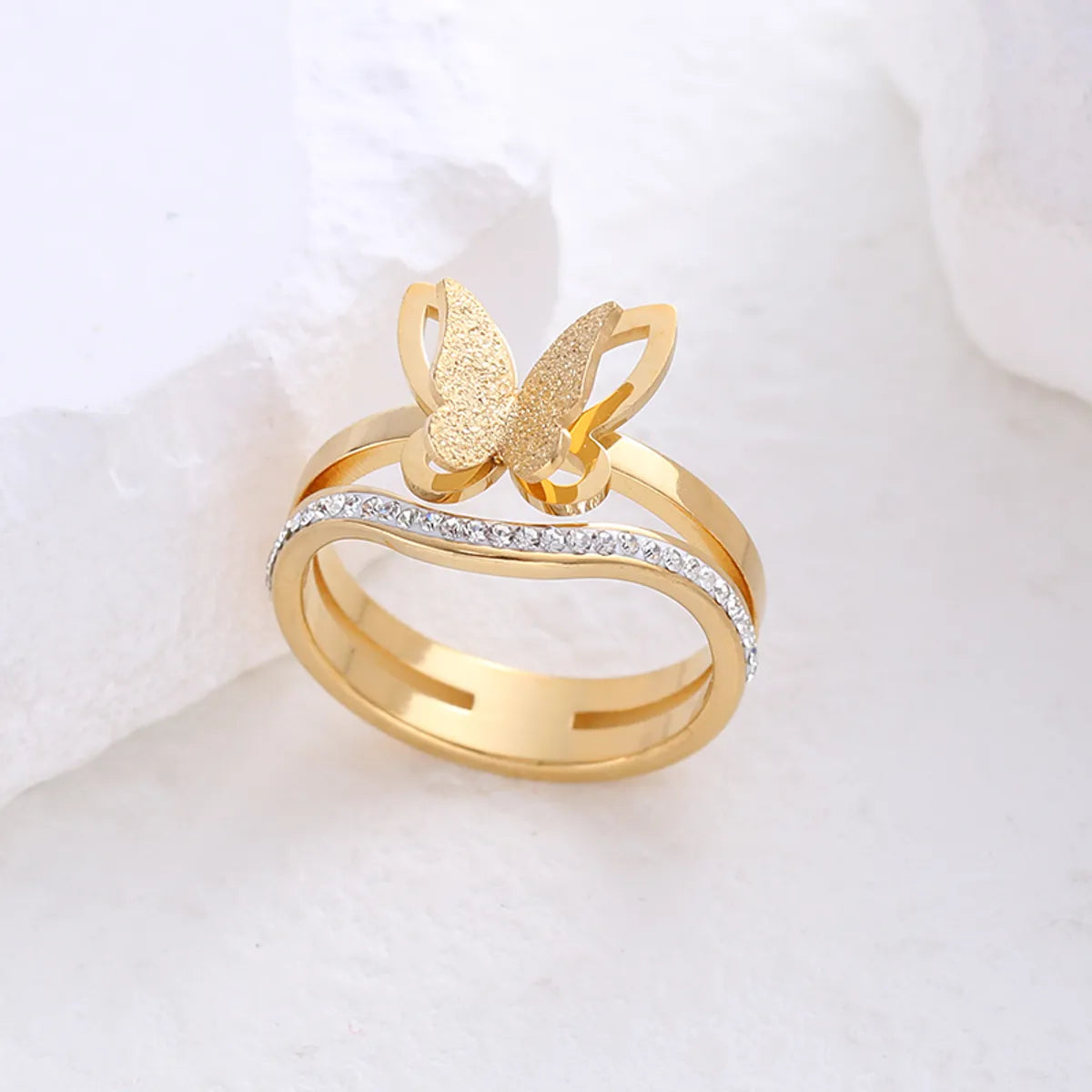 Ladies band rings with diamonds-Simple Style Butterfly Stainless Steel Plating Inlay Rhinestones 24k Gold Plated Rings