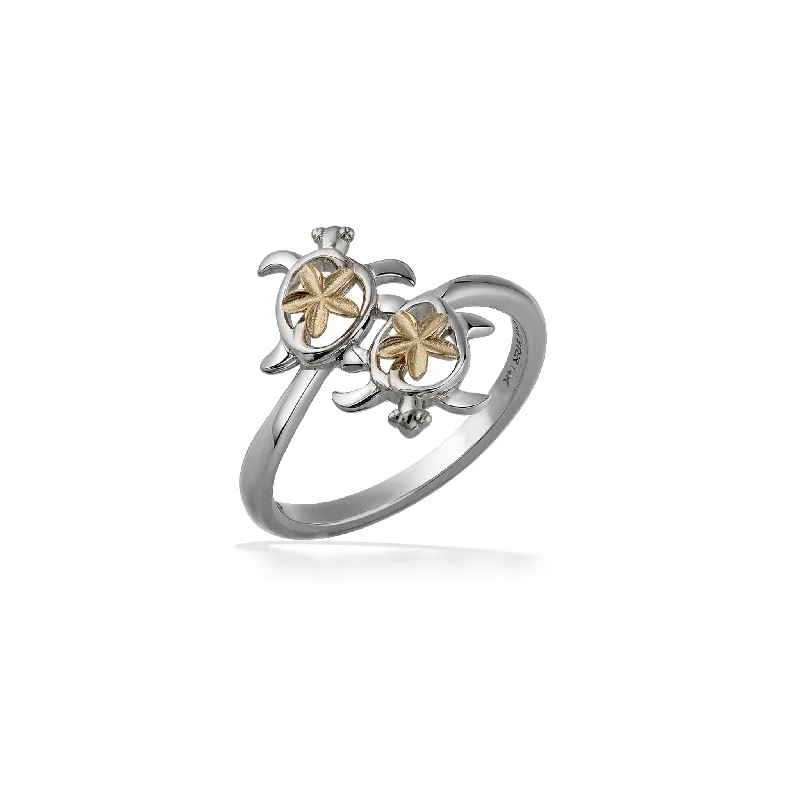 Ladies three-stone rings-Double Honu Plumeria Ring