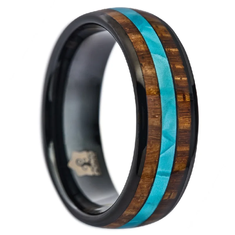 Ladies bridal rings-Black Tungsten, Koa Wood and Mother of Pearl Ring