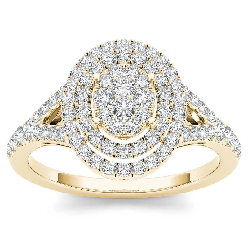 Ladies affordable platinum engagement rings-De Couer 14k Yellow Gold 1/2ct TDW Diamond Cluster Double Frame Engagement Ring