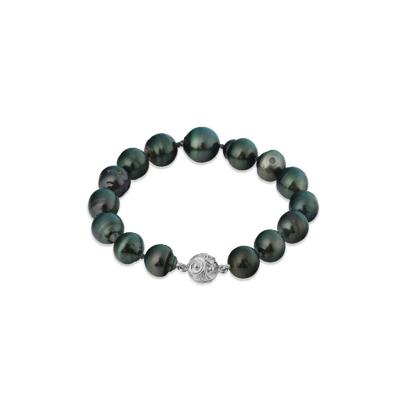 Ladies bangles with diamonds-7-8" Tahitian Black Pearl Bracelet with Magnetic White Gold Clasp - 10-12mm