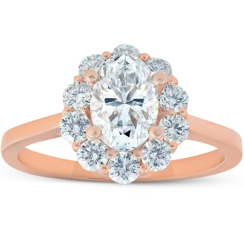 Ladies princess cut engagement rings-1 5/8 Ct Oval Lab Created Moissanite & Diamond Halo Engagement Ring Rose Gold