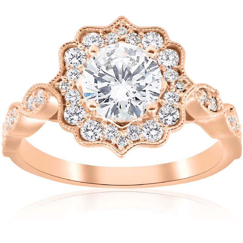 Ladies 3-stone engagement rings-1 1/2ct Vintage Diamond Halo Engagement Ring 14k Rose Gold Art Deco Design