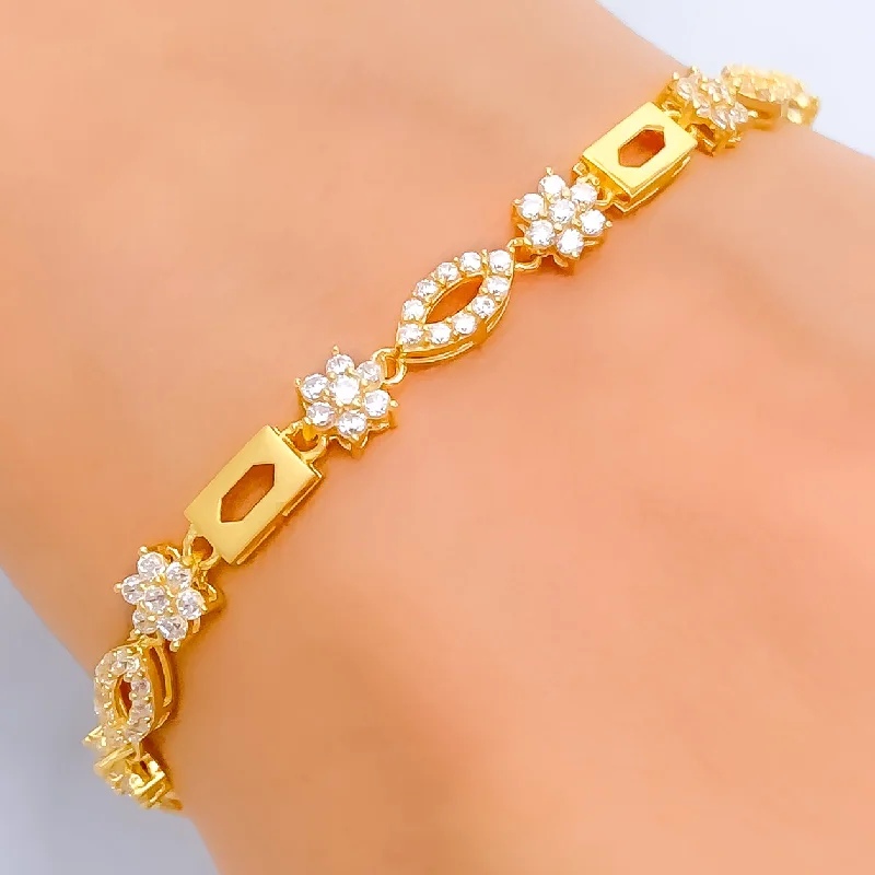 Ladies thick bangles-Dainty Flower 22k Gold CZ Bracelet