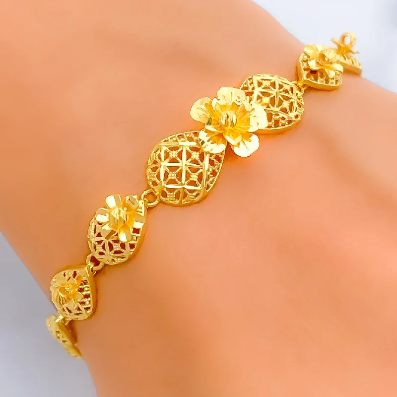 Ladies engraved charm bracelets-Beautiful Flower 22K Gold Bracelet