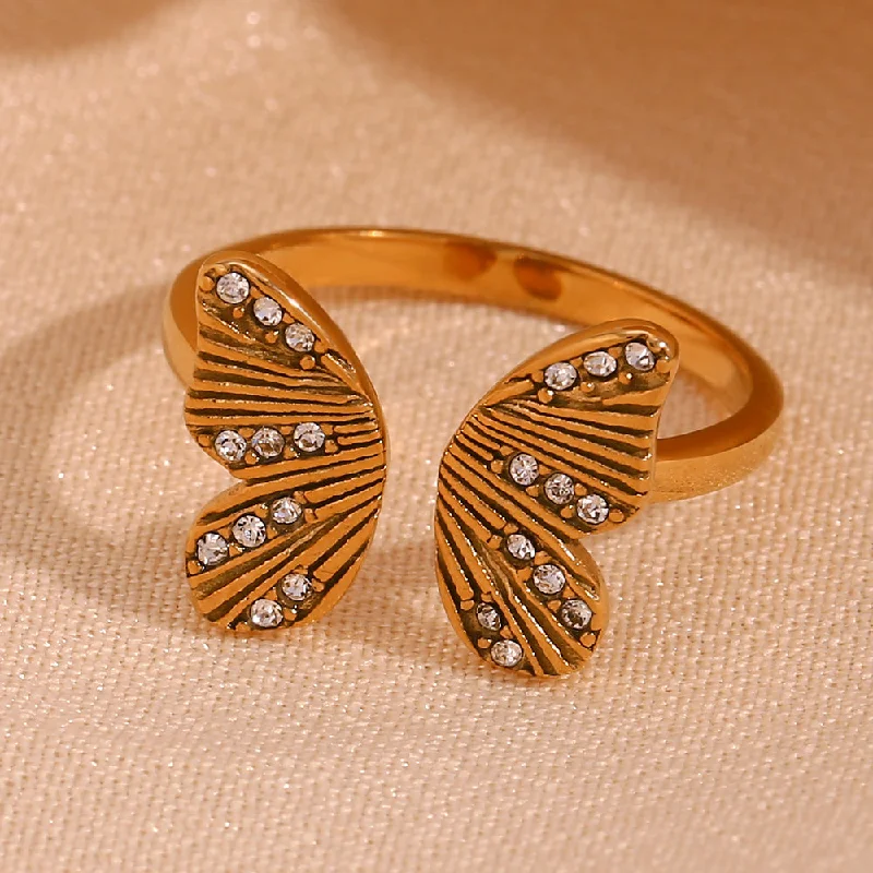 Ladies vintage gold rings-Basic Simple Style Classic Style Butterfly Stainless Steel Plating Inlay Zircon 18k Gold Plated Open Rings