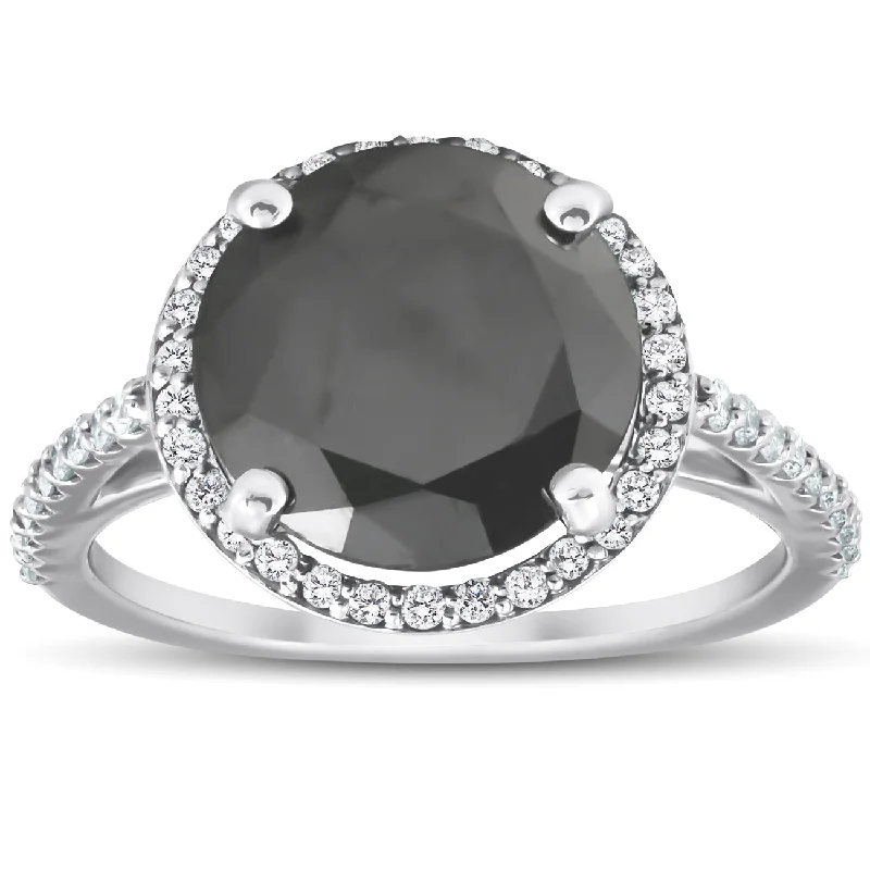 Ladies modern solitaire engagement rings-3 1/3 Ct Black Diamond Halo Engagement Ring 14k White Gold