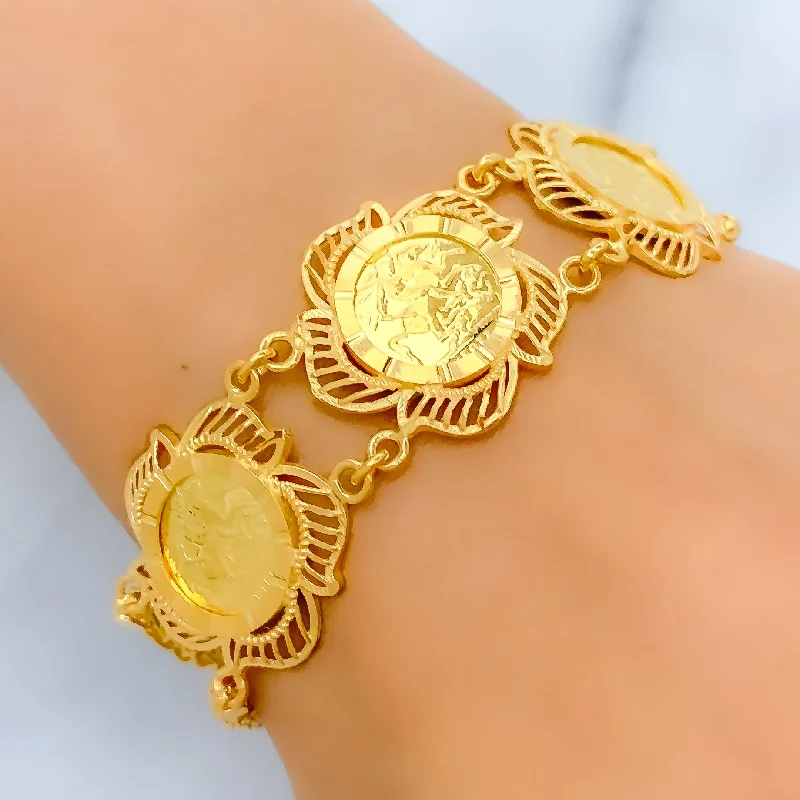 Ladies statement bracelets-Palatial Floral 21k Gold Bracelet