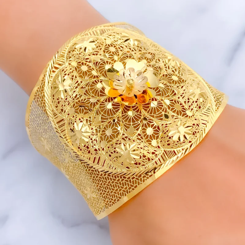 Ladies fashion charm bracelets-Royal Lustrous Floral 21K Gold Bangle Bracelet