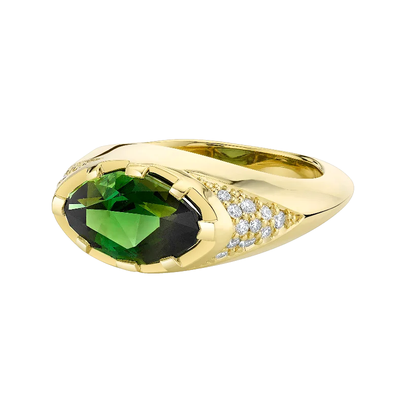 Ladies cocktail rings-Primary Contrast Ring featuring a Precision-Cut Green Tourmaline with Diamond Pave