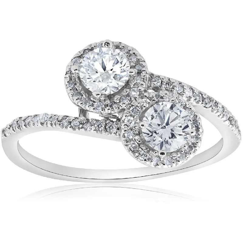 Ladies engagement rings-1cttw Two Stone Diamond Engagement Halo Anniversary Ring 14k White Gold Round