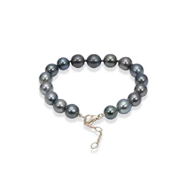 Ladies pearl bracelets-7.5-9" Adjustable Tahitian Black Pearl Bracelet in Gold - 8-10mm