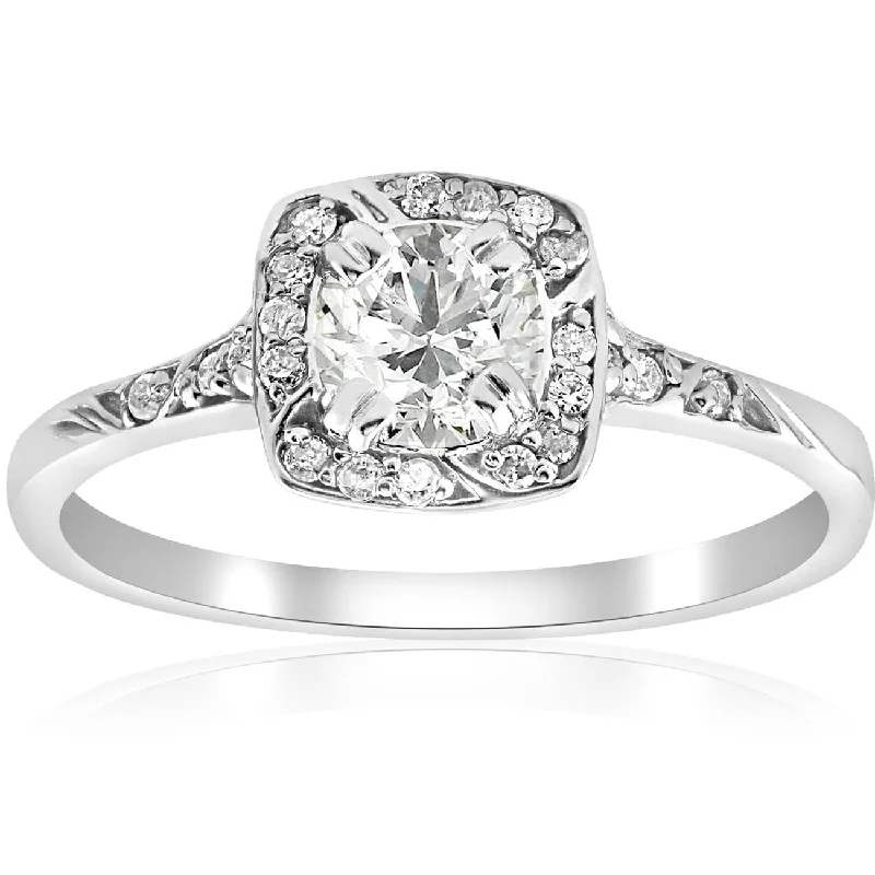 Ladies engagement rings with baguette diamonds-1 ct Cushion Halo Diamond Engagement Ring 14k White Gold