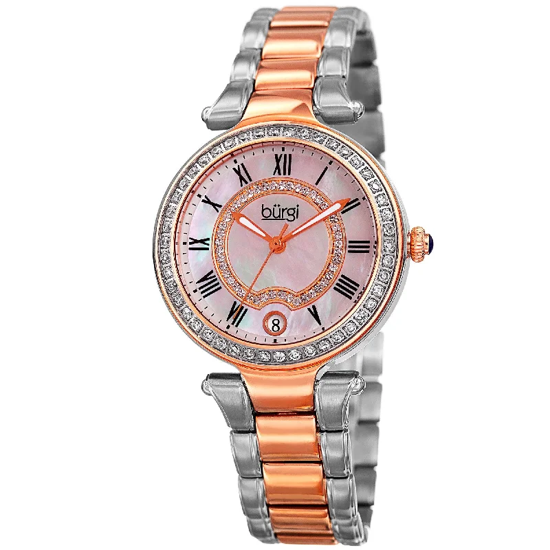 Ladies adjustable bracelets-Burgi Women's Quartz Swarovski Crystal Stainless Steel Two-Tone Bracelet Watch