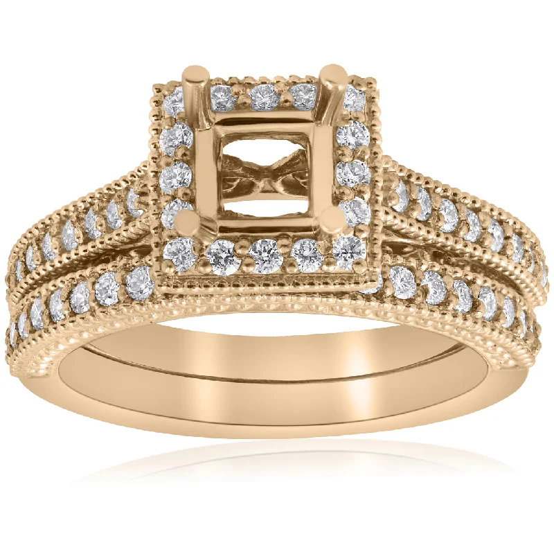 Ladies simple engagement rings-Yellow Gold Princess Cut Diamond Princess Cut Halo Engagement Ring Semi Mount