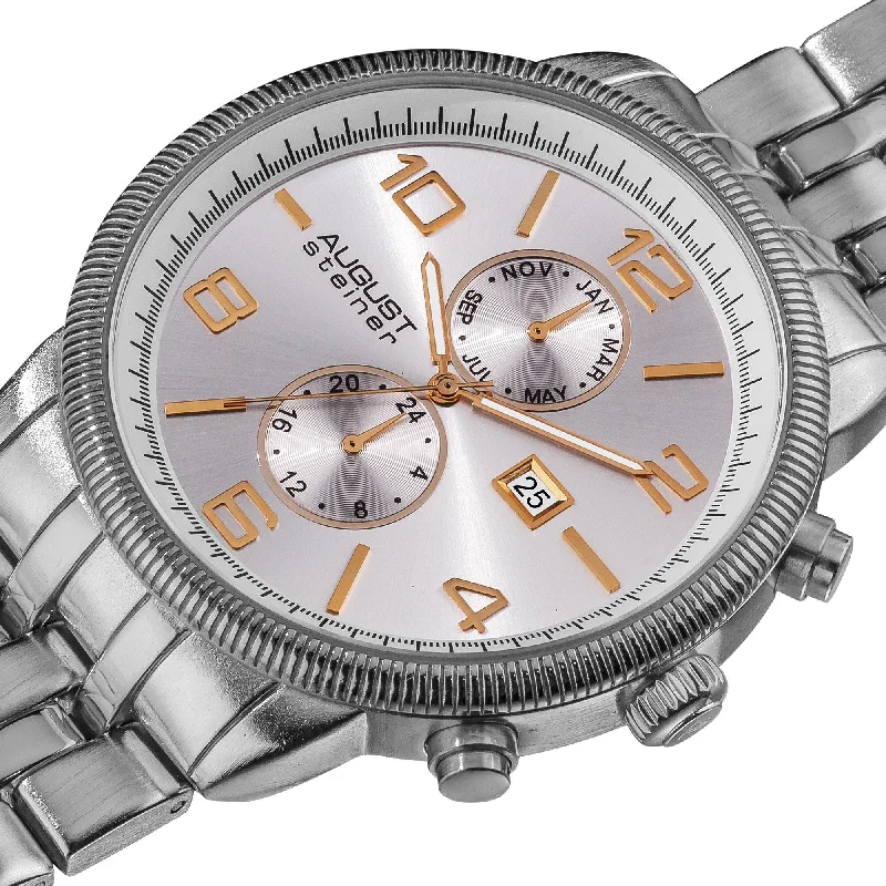 Ladies adjustable bracelets-August Steiner Men's Swiss Quartz Coin-edge Bezel Silver-Tone Bracelet Multifunction Watch