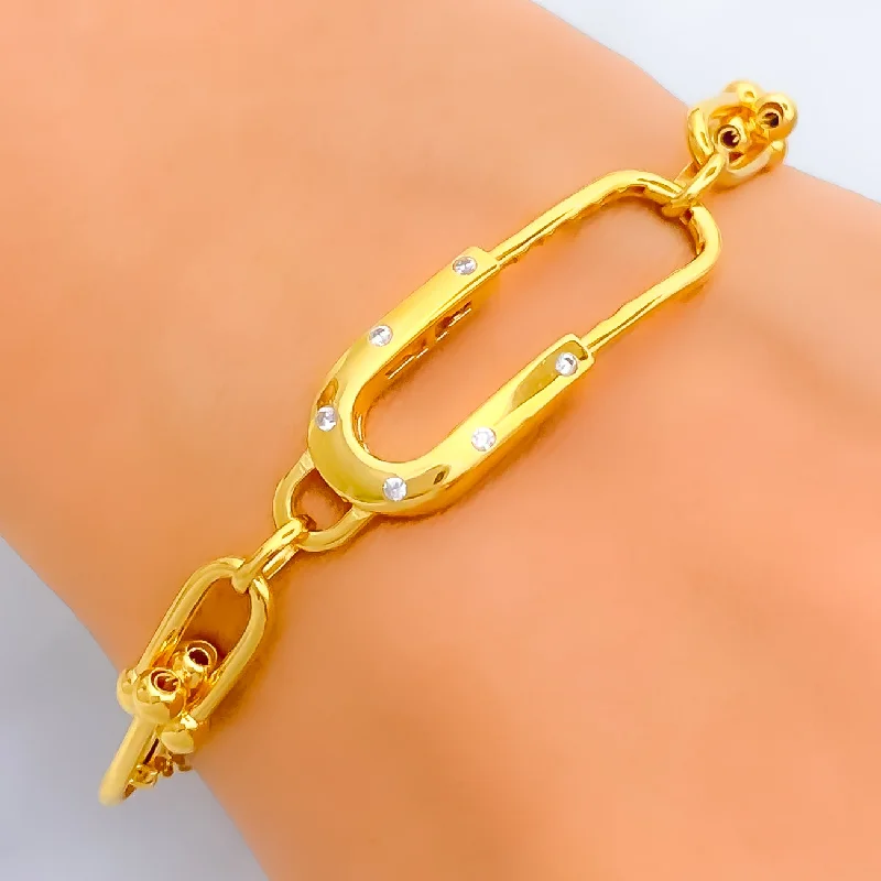 Ladies chic gold bracelets-Unique Interlinked Paperclip 21k Gold CZ Bracelet