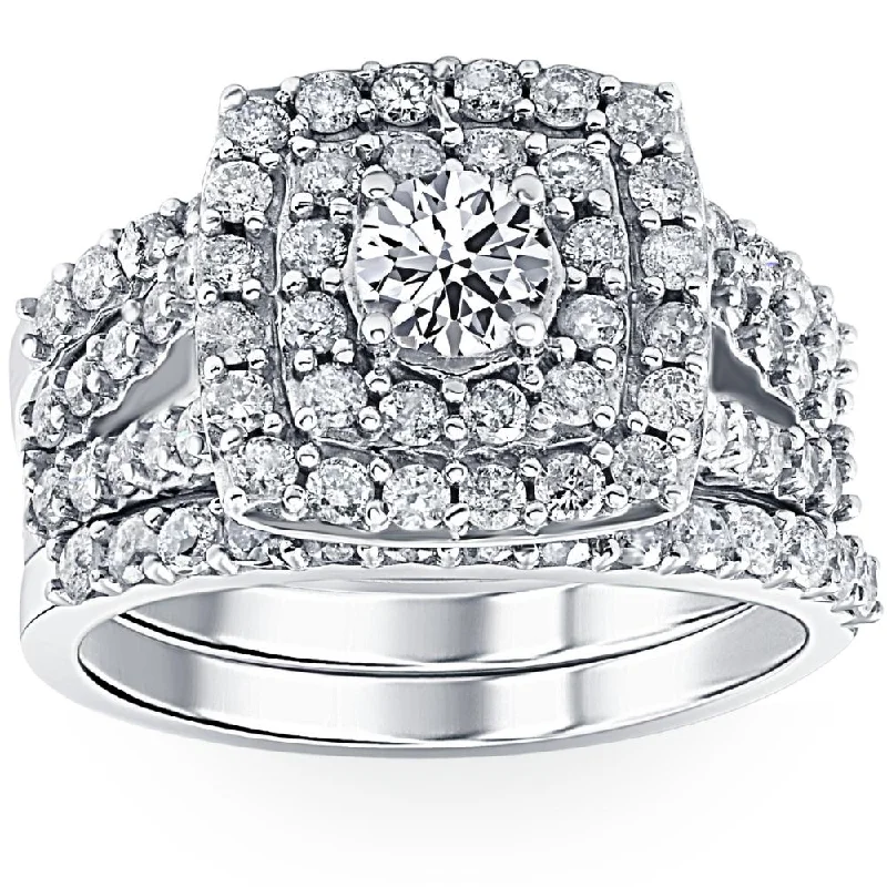 Ladies personalized engagement rings-3 ct Diamond Engagement Wedding Double Cushion Halo Trio Ring Set 14k White Gold