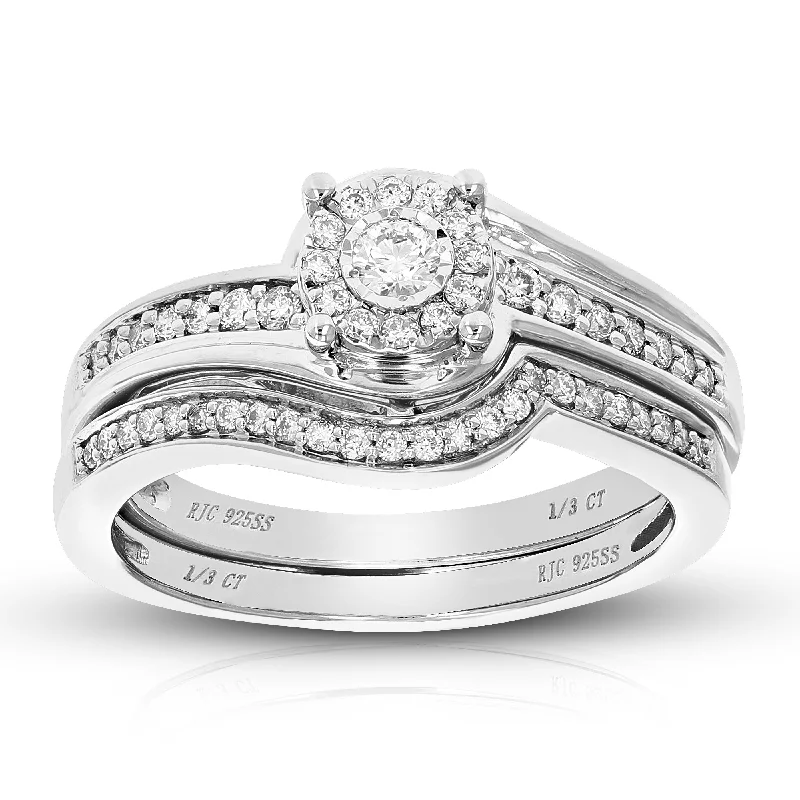 Ladies unique diamond engagement rings-1/3 cttw Round Lab Grown Diamond Wedding Engagement Ring Bridal Set .925 Sterling Silver Prong Set